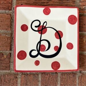 Vintage Gail Pittman Red Polka Dot Monogram D Square Salad Plate Size 8”